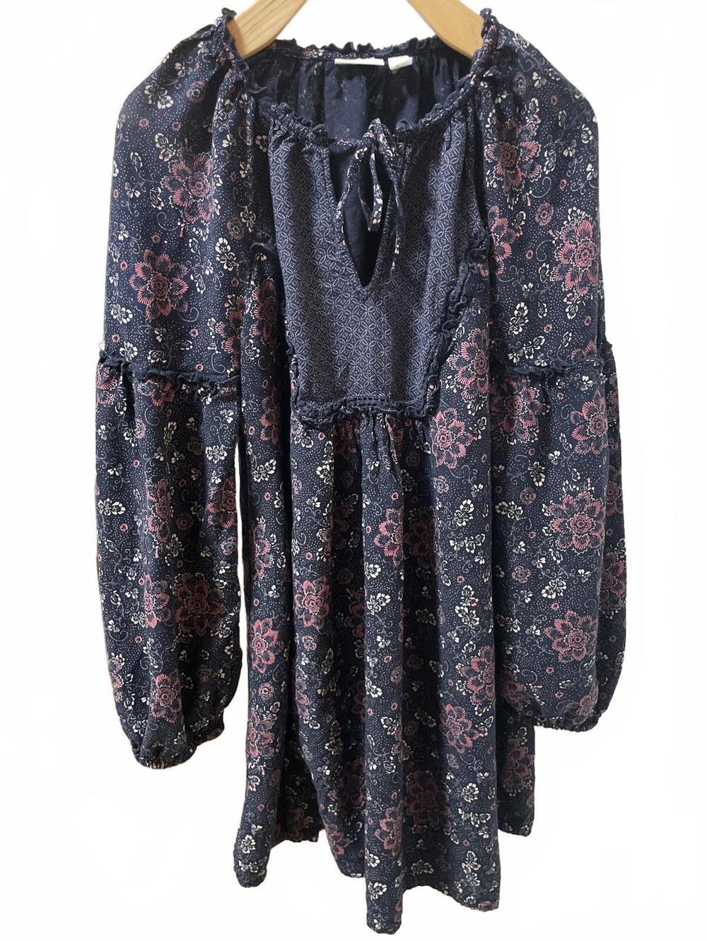 Hinge Womens Size Medium Navy Blue Floral Long Sleeve Puff Boho Cottagecore Fall